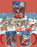Merry Christmas Santa on sleigh visiting snow filled village mug