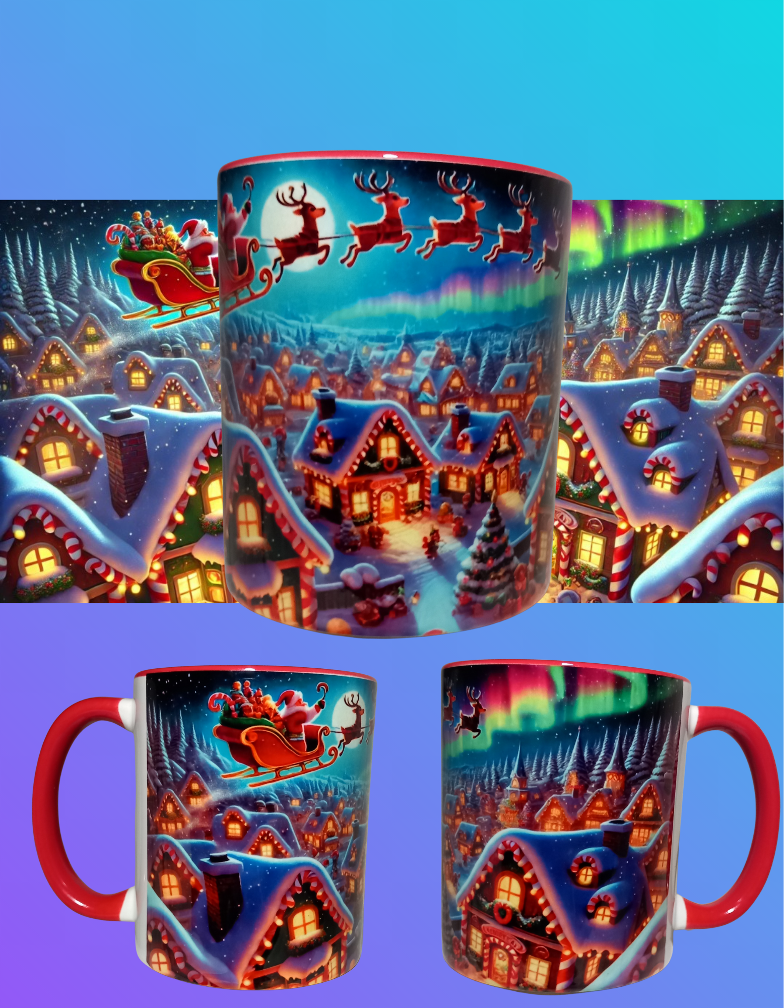 Santa flying over a town with northern lights shining