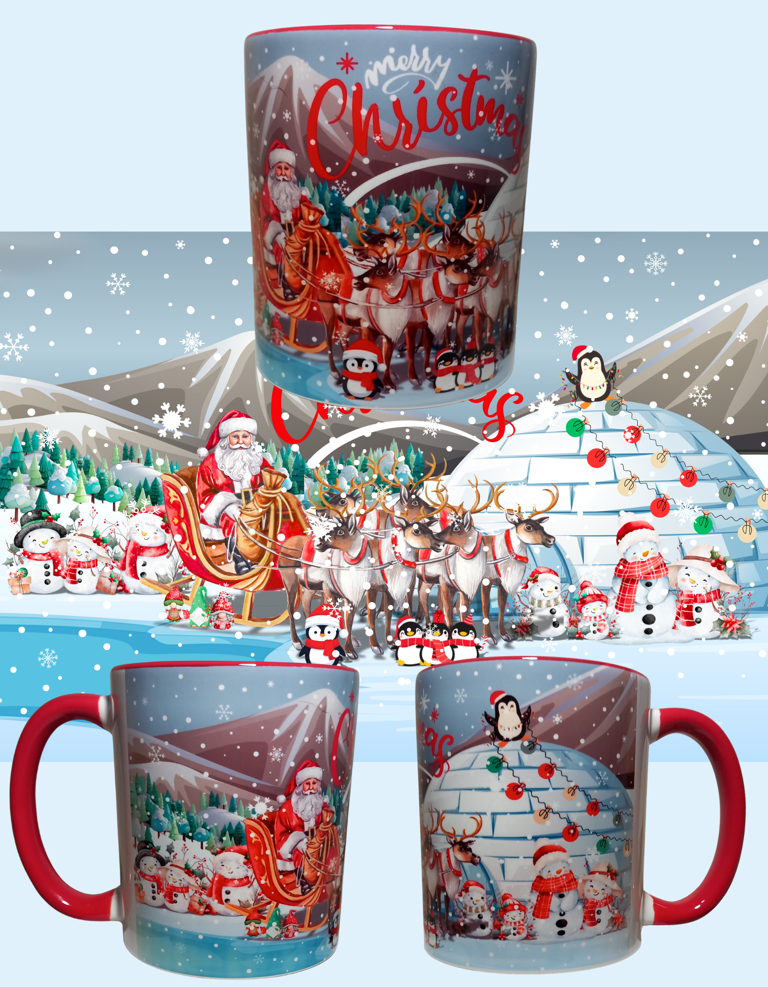 Merry Christmas Santa visiting snowmen in an igloo