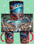 Santa flying over snow filled town mug