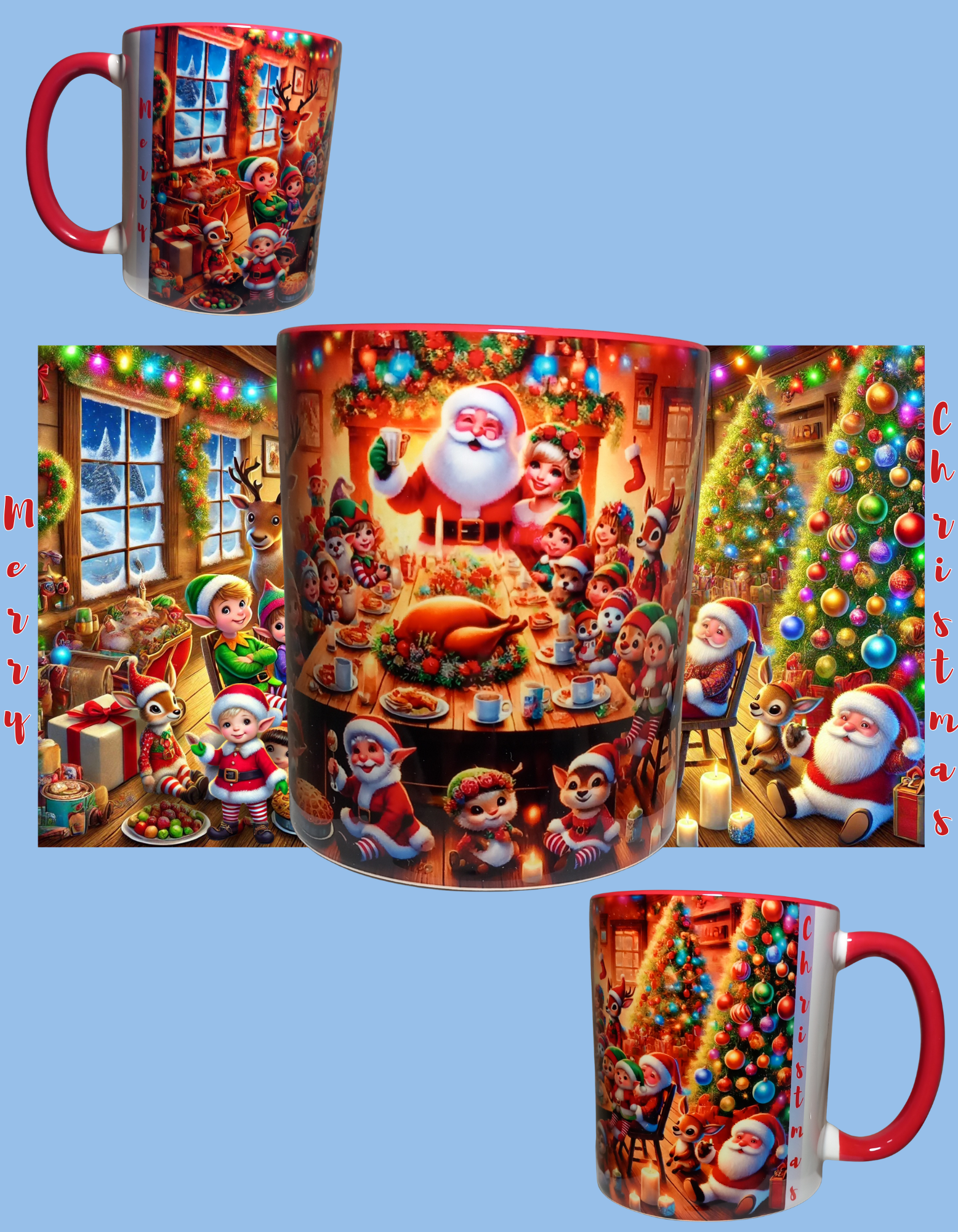 Santa celebrating Christmas with Mrs Claus and helpers