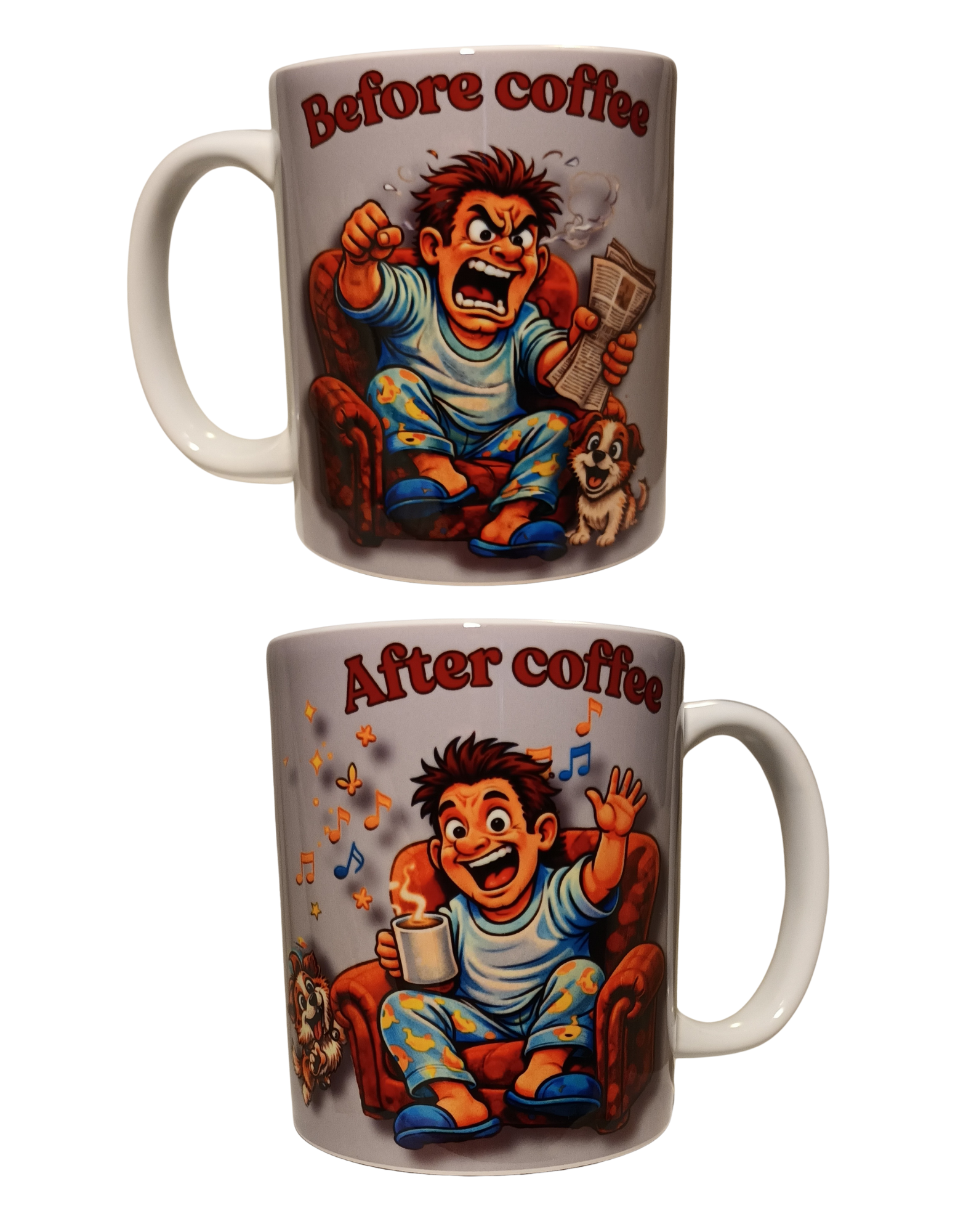 Personalised mugs  before coffee and after coffee .