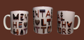 Three white ceramic mugs shown against a solid dark brown background, each decorated with 3D letters spelling out 'Mental Health' using various real-world objects like books, pencils, a heart, and a plant.
